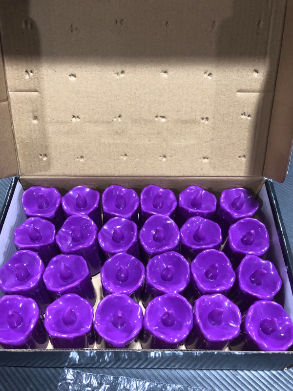Photo 2 of 24 Pack Halloween Tea Lights Candles, Melted Flameless Votive Candles Flameless Auto Tea Lights Battery Operated Electric Candles for Halloween Party Day The Dead Decor (Purple,1.5 x 1.97 Inch) Purple 1.5 x 1.97 Inch
