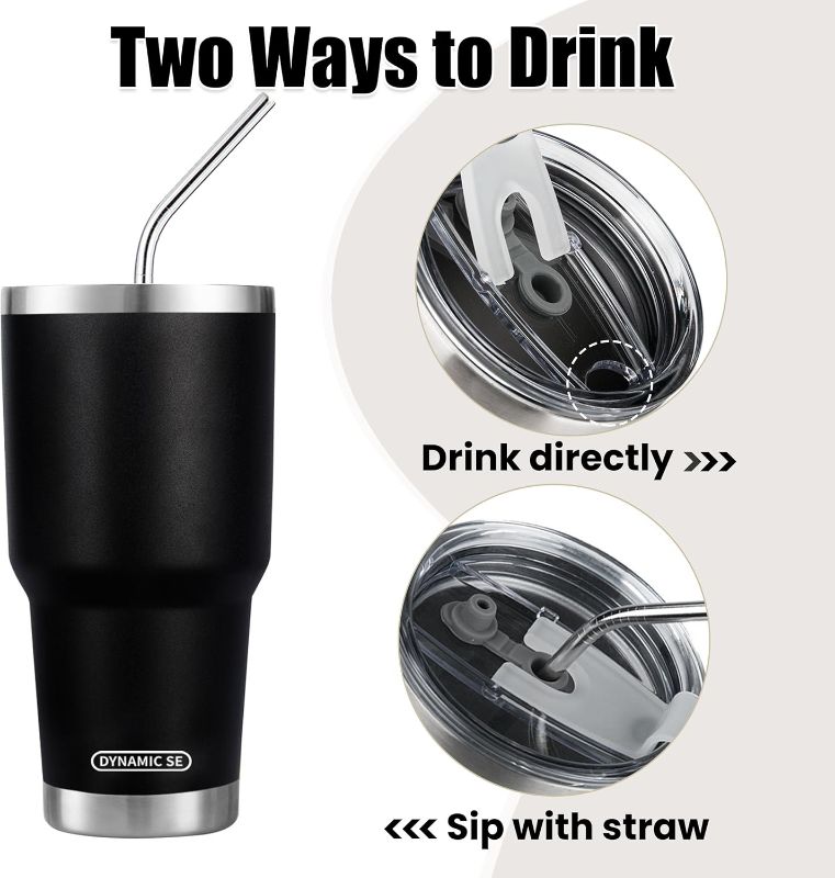 Photo 2 of 30oz Black Tumbler Stainless Steel Double Wall Vacuum Insulated Mug with Straw and Lid, Cleaning Brush for Cold and Hot Beverages
