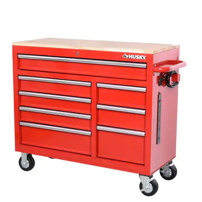 Photo 1 of **SOME RUST** 42 in. W x 18.1 in. D 8-Drawer Red Mobile Workbench Cabinet with Solid Wood Top
