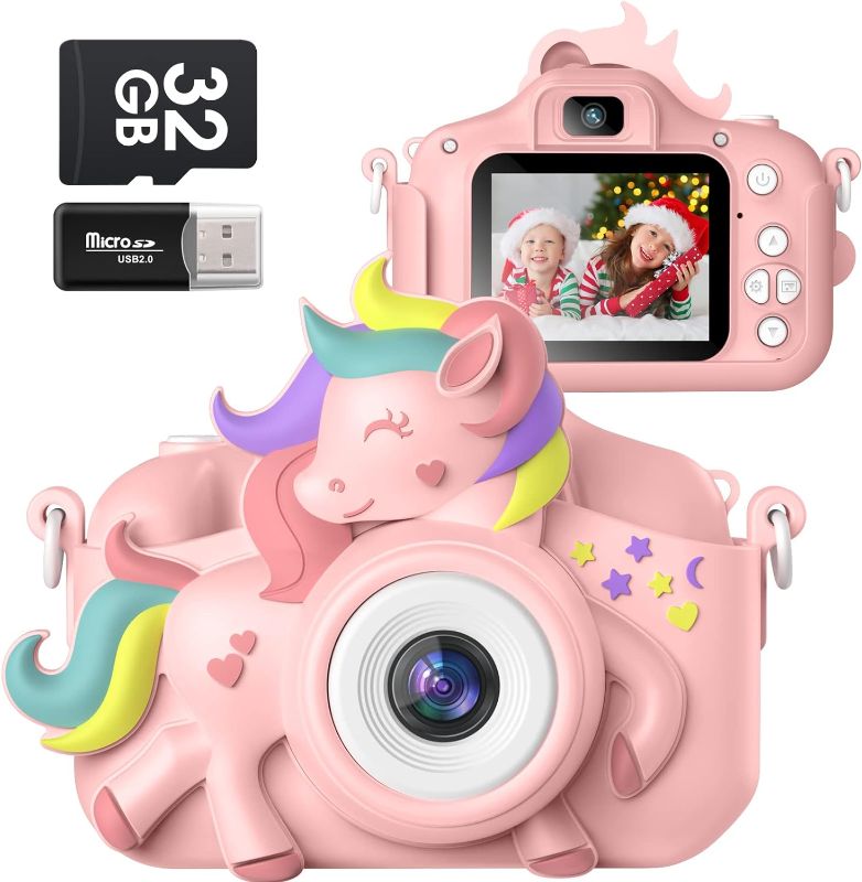 Photo 1 of Kids Camera for 3-8 Years Old Toddlers Childrens Boys Girls Unicorn Selfie Camera 20.0 MP HD 1080P IPS Screen Dual Digital Toy Camera with 32GB SD Card for Kids Christmas Birthday Gifts Pink
