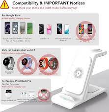 Photo 1 of EloBeth 3 in 1 Wireless Charging Station for Google Pixel Watch Charger, Wireless Charger for Google Pixel 8 Pro /8/7 Pro / 7a /7/Fold/6/6 Pro/5/4/3/XL, Pixel Buds Pro iPhone/Airpods(not for Watch 2)white Classic(not fit pixel watch 2)