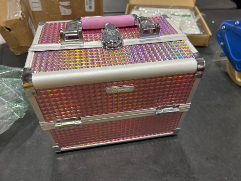 Photo 1 of Joligrace Makeup Train Case Cosmetic Box Portable Makeup Case Organizer 2 Trays Makeup Storage with Mirror Locking for Cosmetologist Aesthetic Supplies Nail Tech Traveling Makeup Box Mermaid Pink Beauty Pink
