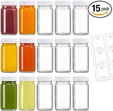 Photo 1 of 15 Pack 2 oz Glass Shot Bottles w/ White Lids & 15 Labels - Small Clear Jar for Ginger, Wellness Shot, Juice, Sample, Whiskey - Travel Mini Bottles - Wide Mouth, Leakproof, Dishwasher Safe
