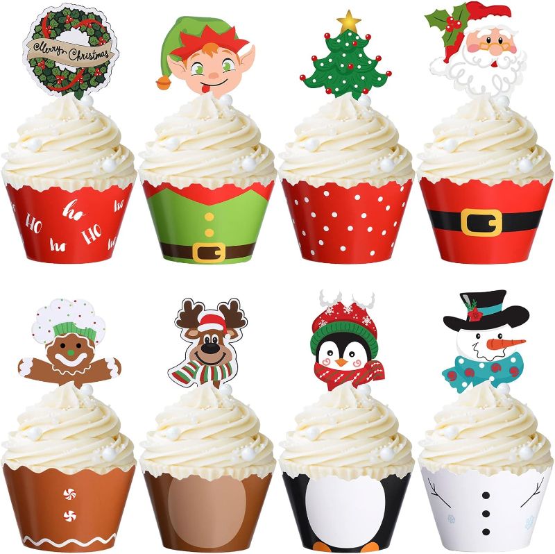 Photo 1 of 96 Pieces Christmas Party Decorations Christmas Cupcake Topper Wrappers Santa Claus Snowman Reindeer Elf Penguin Christmas Tree Christmas Wreath Gingerbread Hand Cake Party Decorations Supplies
