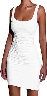 Photo 1 of GOBLES Women's Casual Summer Sleeveless Ruched Sexy Bodycon Tank Club Mini Dress White SIZE L 