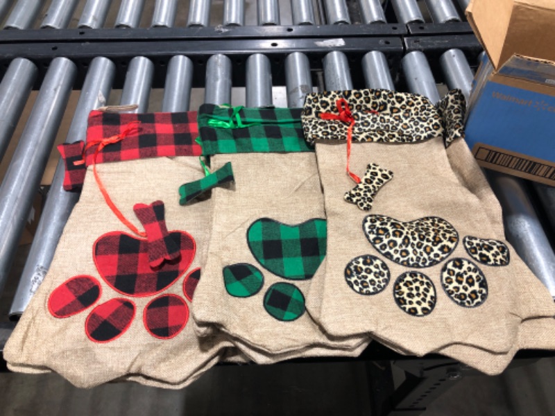 Photo 2 of 6 Pieces (two of each color) 18 Inch Christmas Plaid Stockings Pet Paw Stockings Fireplace Hanging Stockings Hanging Decoration (Cute Style)