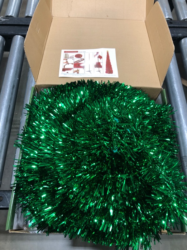 Photo 1 of [ Dual Color Switch & Timer ] 5Ft Prelit Pop Up Christmas Tree,Tinsel Pencil Christmas Tree with 50 Warm White & Multi Color Change Lights 25 Balls Ornaments 3D Star Sequins Full Xmas Decorations Home Green