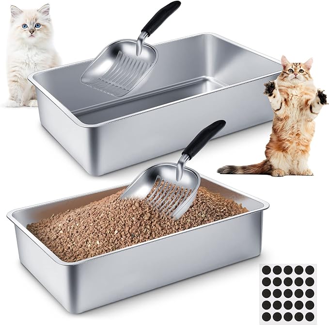 Photo 1 of 2 Set Stainless Steel Litter Box for Cat with 2 Pcs Cat Litter Scoops 15 Pcs Non Slip Rubber Feet Non Stick Smooth Bunny Litter Box High Sided Litter Box Litter Scooper with Holder (24 x 16 x 6 in)
