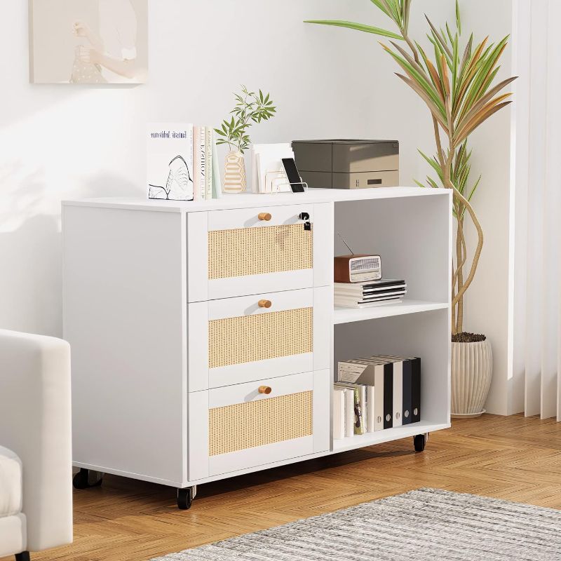 Photo 2 of AWQM Wood Filing Cabinet with Lock, 3 Drawers Mobile File Cabinet for Home Office Rattan Office Storage Cabinet Printer Stand with Open Storage Shelves,Rattan Cabinet with Drawers,White