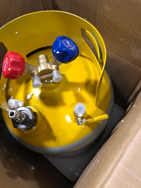 Photo 2 of automoris 30lb Refrigerant Recovery Tank with Float Switch, Recovery Tank with ¼ to ½ Adaptor, Prevent Overflow & Reusable for All Refrigerant Yellow