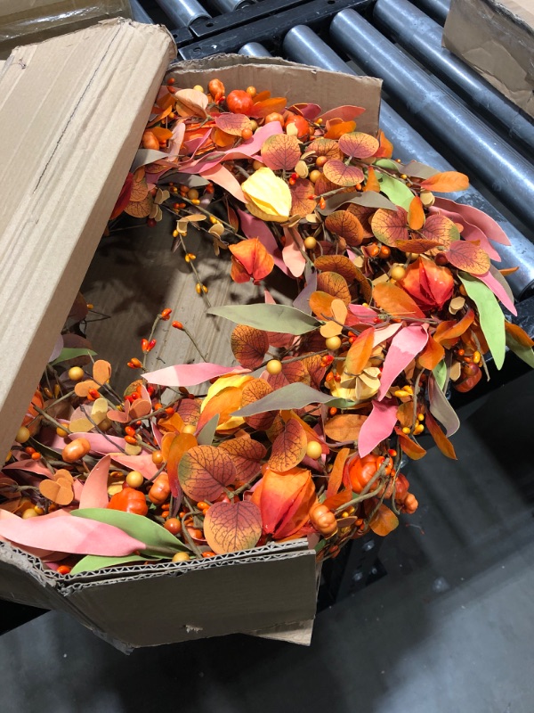 View 2 of VioletEverGarden Artificial Fall Wreath 26" Large Fall Wreaths for Front Door with Pumpkins Berries and Fall Eucalyptus Leaf Autumn Harvest Wreath for Thanksgiving Home Festival Celebration Orange 13 26inch-78