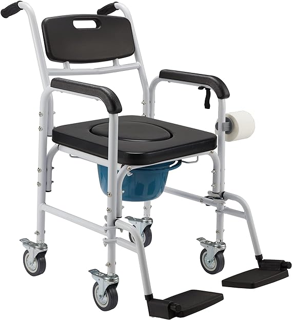 Photo 1 of Homguava Bedside Commode Chair, 4 in 1 Shower Commode Wheelchair Rolling Transport Chair Toilet with Arms for Seniors and Disabled Weight Capacity 350lbs (Blue)
