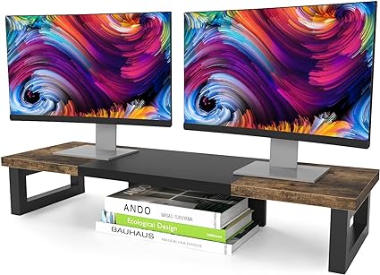 Photo 1 of WESTREE Dual Monitor Stand Riser, Sturdy Wood & Steel Computer Monitor Stand Riser for 2 Monitors, Multi-Purpose Desktop Organizer Riser for Computer,Laptop,Printer,TV
