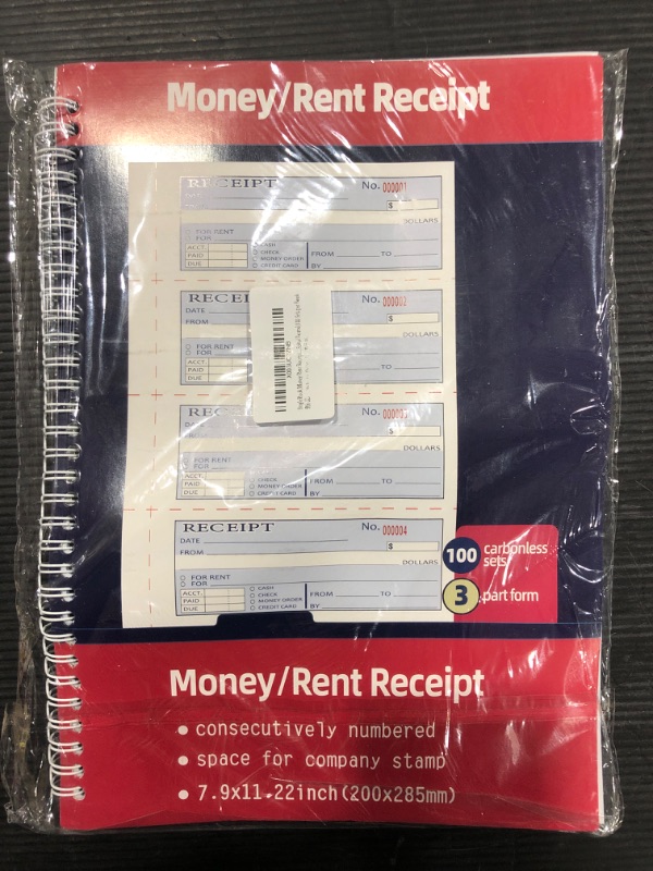 Photo 2 of Large Money and Rent Receipt Book with Cardboard Insert,3-Part Carbonless,7.9”x11.23” Spiral Bound,100 Sets per Book,4 Receipts per Page for Office Supplier,Rent and Cash Transaction Color: Large Single Book-3 Part Carbonless