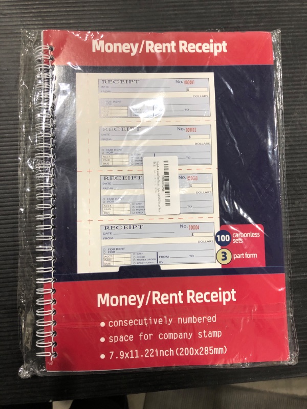Photo 1 of Large Money and Rent Receipt Book with Cardboard Insert,3-Part Carbonless,7.9”x11.23” Spiral Bound,100 Sets per Book,4 Receipts per Page for Office Supplier,Rent and Cash Transaction Color: Large Single Book-3 Part Carbonless