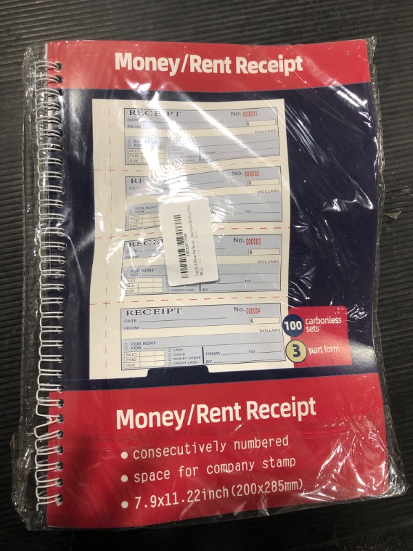 Photo 2 of Large Money and Rent Receipt Book with Cardboard Insert,3-Part Carbonless,7.9”x11.23” Spiral Bound,100 Sets per Book,4 Receipts per Page for Office Supplier,Rent and Cash Transaction Color: Large Single Book-3 Part Carbonless