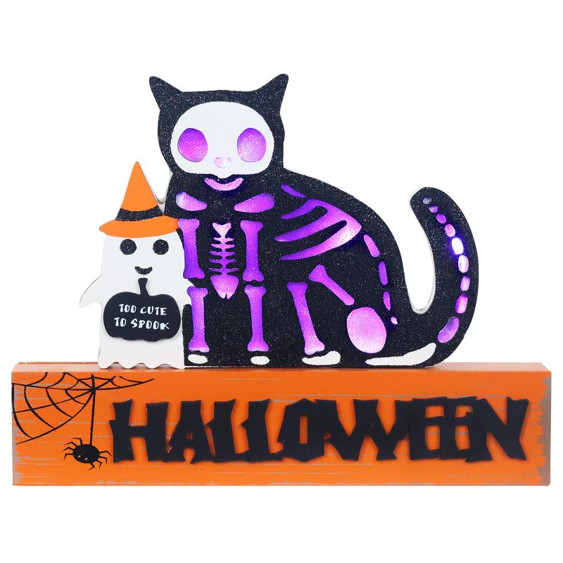 Photo 1 of *5 Pack* MEETYAMOR Halloween Decorations Indoor, Large Decorative HALLOWEEN Wood Sign with Ghosts and Spooky Cat, 2-Layered Wood Sign with LED Lights for Halloween Decor, Perfect for Home, Table, Mantel