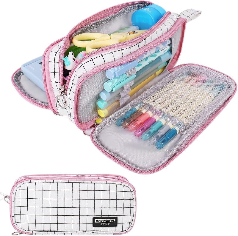 Photo 1 of *2 Pack* Toypocket Capacity Pencil Case Storage Bag Pen Pocket Zipper Canvas Storage Bag Learning Office Stationery Pencil Box?White Plaid?