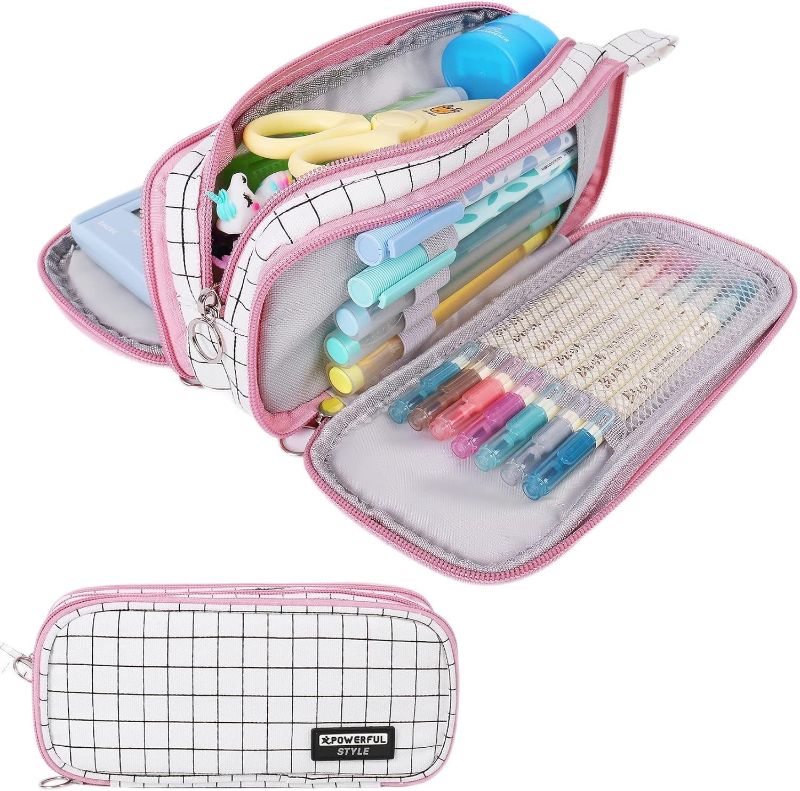Photo 1 of *2 Pack* Toypocket Capacity Pencil Case Storage Bag Pen Pocket Zipper Canvas Storage Bag Learning Office Stationery Pencil Box?White Plaid? 