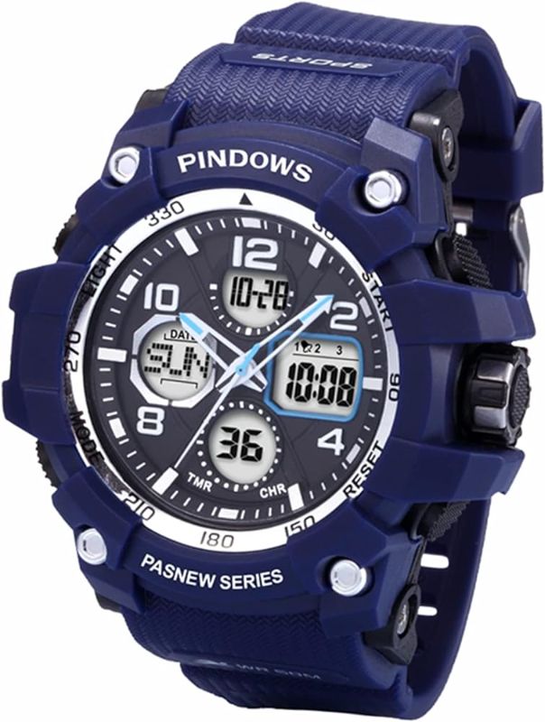 Photo 1 of PINDOWS Watch for Men, Military Digital Analog Watch with LED Backlight Lighting,Outdoor Sports Electronic Watch Date Multi Function Alarm Stopwatch, 50M Waterproof Men Wrist Watch 12H/24H Display.
