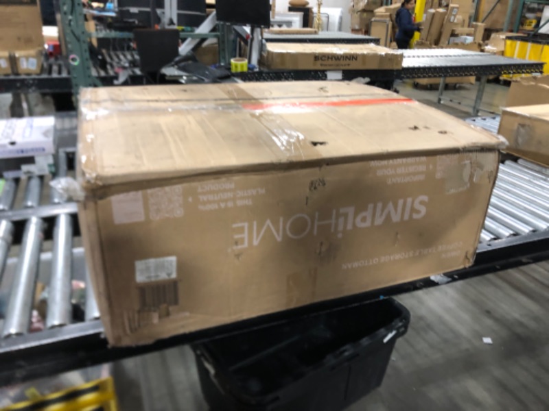 Photo 1 of SIMPLIHOME Owen 34 Inch Wide Mid Century Modern Rectangle Coffee Table Storage Ottoman in Slate Grey Linen Look Fabric, For the Living Room Slate Grey 34 inch Coffee Table Storage Ottoman