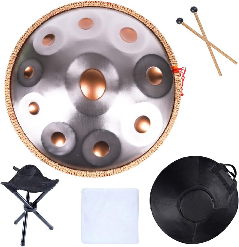 Photo 1 of 22 Inch Handpan Drum Steel Percussion Instrument Hand Drum with Soft Hand Pant Pocket, 2 Handpan Mallets, Hand Puff Stand, Lint Free Cloth - Suitable for All Ages
major denting all over including bottom half, still makes decent sounds close to actual note