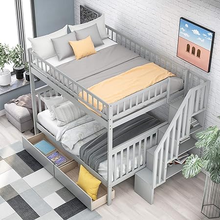 Photo 1 of  Full Over Full Bunk Beds with 2 Storage Drawers and Stairways, Wood Bunk Bed Frame with Storage Shelf for Kids,Toddlers, Teens, Adults, Dorm, Bedroom Furniture (Grey) - BOX 3 OF 3 ONLY - MISSING OTHER 2 BOXES!!