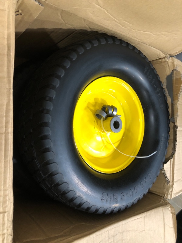 Photo 2 of Upgrade 16x6.50-8 Lawn Mower Tires and Wheel, Flat Free Lawn Tractor Tire 3" Centered Hub, 3/4" Bushing, Solid Tire, 590lbs Capacity, Set of 2 Pack 16x6.50-8-Flat-with Rim-2pack