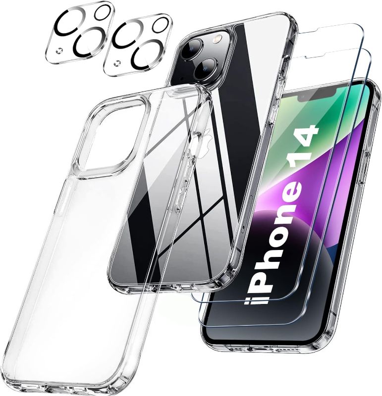 Photo 1 of [5-in-1] Ezavan Designed for iPhone 14 Case with Screen and Camera Protector, Crystal Clear | Non-Yellow | Shockproof | 9H Screen Protector | 9H Camera Protector (iPhone 14-6.1 inch)
