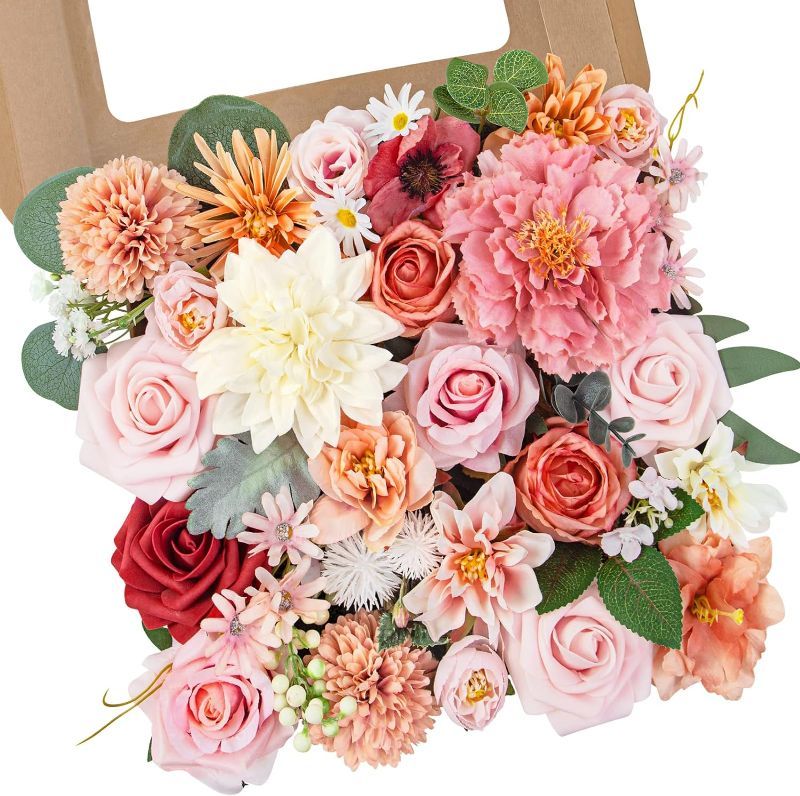 Photo 1 of *READ NOTES* Artificial Flowers for Decoration Combo Box Set Fake Flowers Leaves with Stems Floral Arrangements for DIY Wedding Bouquets Centerpieces Bridal Baby Shower Party Home Decor, Red