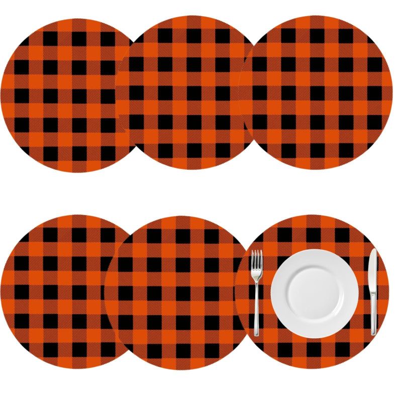 Photo 1 of 3 pack***Remerry Set of 6 Orange Black Buffalo Plaid Placemats Leather Round Halloween Placemats 11.8 Inch Farmhouse Heat Resistant Waterproof Table Mats for Dining Table Kitchen Holiday Decor Round 6