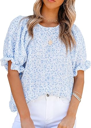 Photo 1 of size XL windysun Womens Floral Print Puff Sleeve Blouses Summer Casual Crew Neck Loose Shirts Babydoll Tops