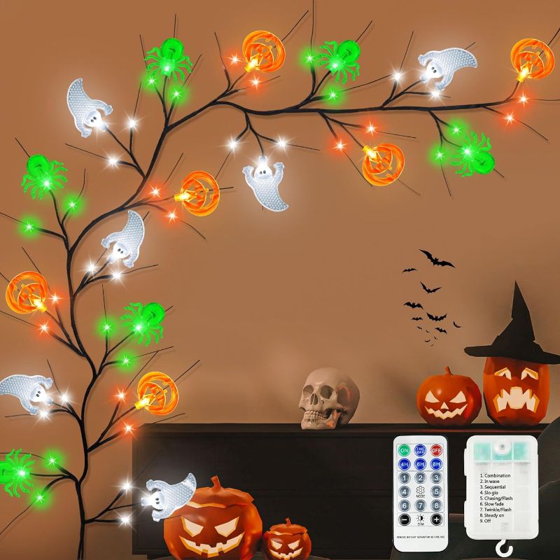 Photo 1 of [Timer & 8 Modes] 6 Ft 54 LED Halloween Willow Vine Twig Decorations Halloween Garland Ghost Spider Pumpkin Lights, Waterproof Battery Operated Halloween Lights Decorations Indoor Home Wall Fireplace 