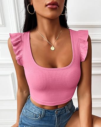 Photo 1 of Size small SySea Womens Sexy Crop Tops Scoop Neck Ruffle Cap Sleeve Fitted Summer Tank Top