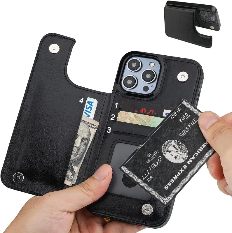 Photo 1 of DNGN for iPhone 15 Case Women Men Wallet with Card Holder PU Leather Flip Kickstand Card Slots Shockproof Bumper Protective Cover Double Magnetic Clasp and Durable Black