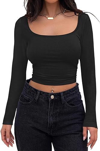 Photo 1 of EasyGala Women's Long Sleeve Shirts Square Neck Crop Top Ribbed Knit Slim Fitted Basic Tees Fall Clothes
