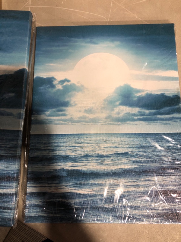 Photo 2 of * used * see all images * 
3 Piece Canvas Wall Art for living room - blue sea view The moon Landscape