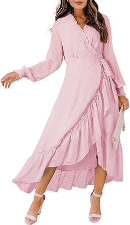 Photo 1 of BLENCOT Women's Casual V Neck Swiss Dot Chiffon Dress Long Sleeve Ruffle Tiered Slit A-Line Maxi Dress  SIZE M
