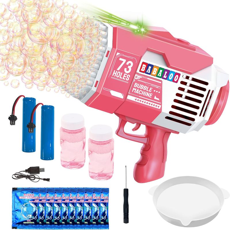 Photo 1 of BABALOO Bubble Gun -73 Holes Pink| Bubble Bazooka| Bubble Machine for Kids Gift| Bubble Machine for Parties| Bazooka Bubble Machine Gun for Birthday |Rocket Bubble Gun -2 Batteries- 1 Screwdriver Set
