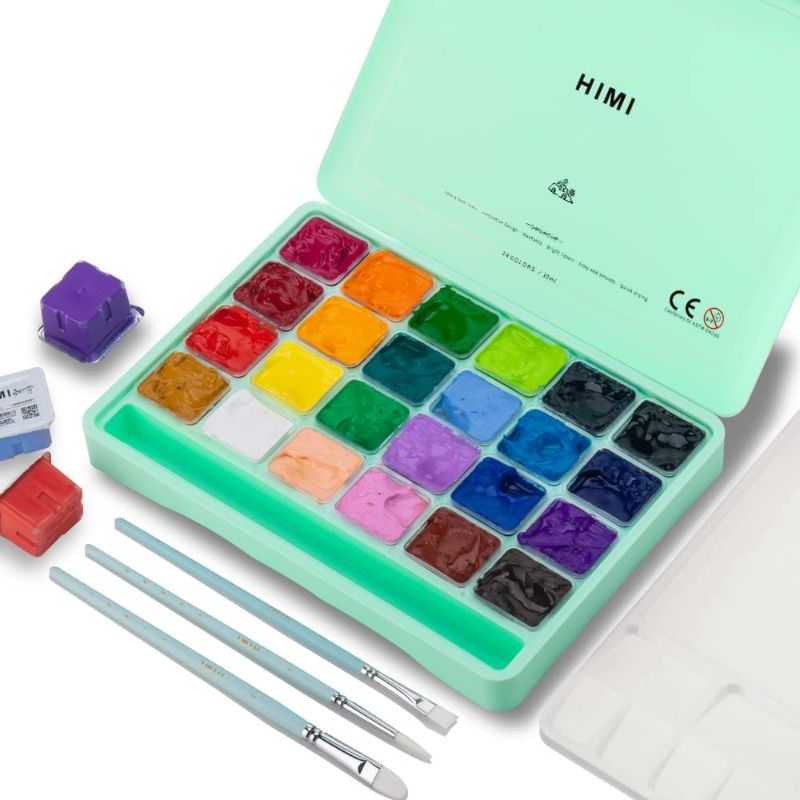 Photo 1 of HIMI Gouache Paint Set, 24 Colors x 30ml/1oz with 3 Brushes & a Palette, Unique Jelly Cup Design, Non-Toxic, Guache for Canvas Watercolor Paper - Perfect Beginners, Students, Artists(Green)
