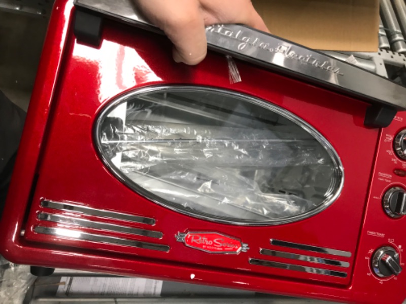 Photo 3 of Nostalgia Large-Capacity 0.7-Cu. Ft. Capacity Multi-Functioning Retro Convection Toaster Oven, Fits 12 Slices of Bread and Two 12-Inch Pizzas, Built In Timer, Includes Baking Pan, Metallic Red