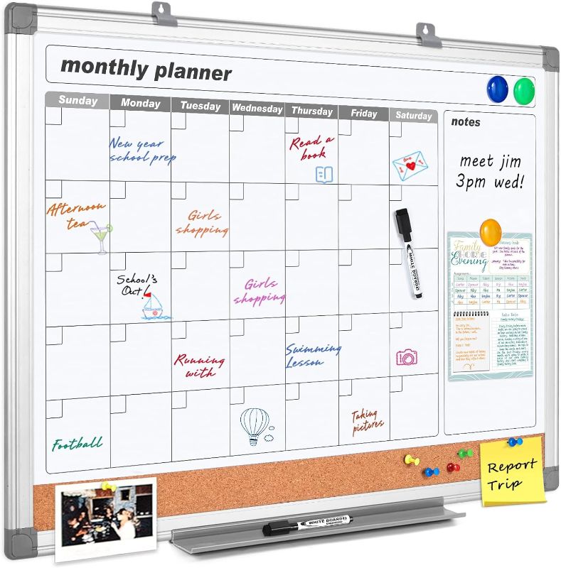 Photo 1 of MAKELLO Monthly Dry Erase Calendar Whiteboard Cork Board Combo for Office, Classroom, Kitchen and Bedroom, 36x24 inches 90X60cm 3 in 1