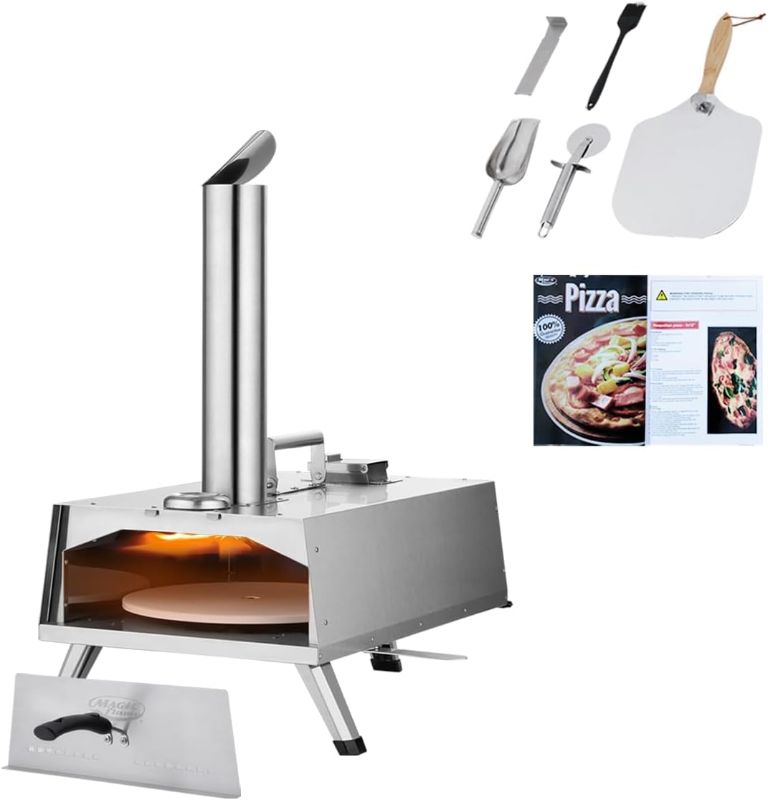 Photo 2 of ***Parts Only***MAGIC FLAME Wood Pellet Pizza Oven Built in Thermometer 12" Stainless Steel Rotatable Pizza Stove with Pizza Stone Outdoor Portable Countertop Grilling Stove for Patio Backyard Beach Outside Camping
