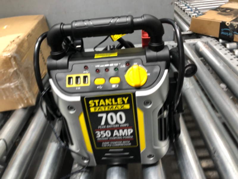 Photo 2 of *** NON FUNCTIONAL - PARTS ONLY **** STANLEY FATMAX J7CS Portable Power Station Jump Starter: 700 Peak/350 Instant Amps, 120 PSI Air Compressor, 3.1A USB Ports, Battery Clamps