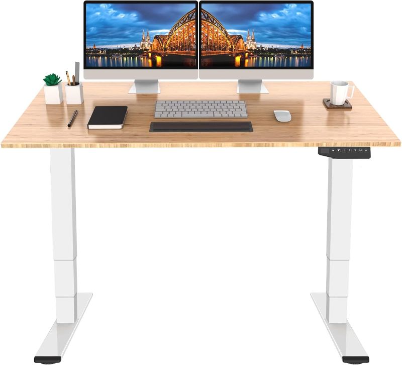 Photo 1 of 3 Stages Dual Motor Electric Standing Desk 55x28 inch Whole-Piece Desk Board Height Adjustable Desk Electric Sit Stand Up Desk Modern Desk 