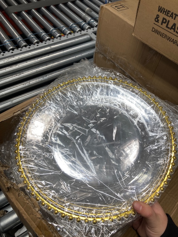 Photo 1 of 25 Pcs Clear Charger Plates 13 Inch Plastic Round Dinner Plate with Gold Beaded Rim Dinner Table Decorative Plate for Wedding Birthday Bridal Shower Party Dinner Table Decor Supplies