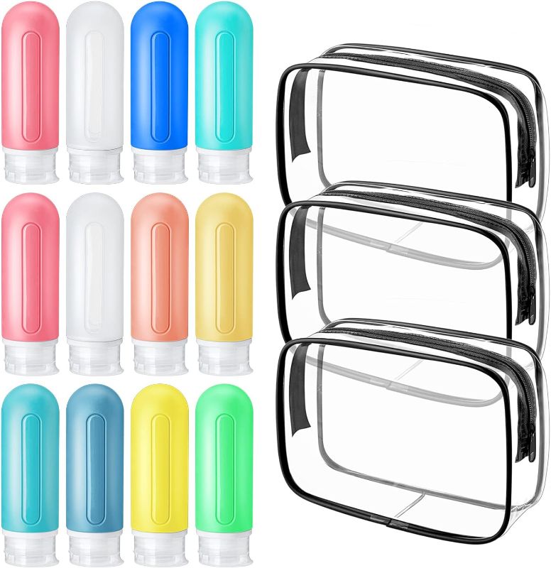 Photo 1 of 12 Pcs 3 oz Travel Bottles with 3 PVC Zippered Clear Toiletry Bag Leak Proof Squeezable Travel Containers Travel Size Toiletries Refillable Cosmetic Container Kit Travel Accessories for Shampoo Liquid
