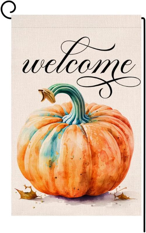 Photo 1 of *Set of 2* BLKWHT Fall Pumpkin Garden Flag 12x18 Vertical Double Sided Welcome Autumn Thanksgiving Holiday Outside Decorations Burlap Yard Flag BW463
