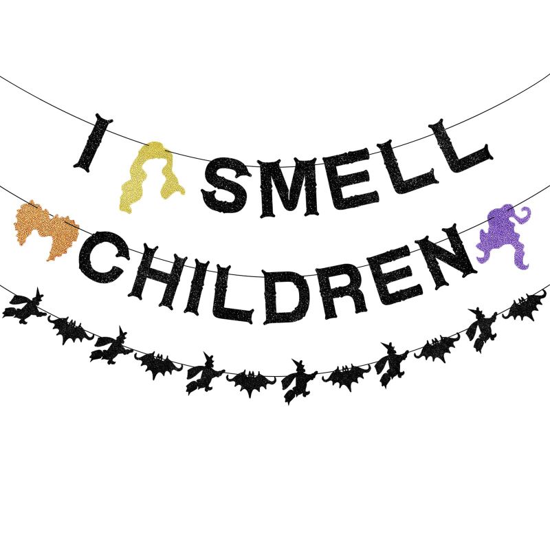 Photo 1 of * 2 PACKS* I Smell Children Hocus Pocus Banner Halloween Party Decorations, Halloween Witches Decoration Black Glitter, Hocus Pocus Halloween Party Decor, Halloween Birthday Party Decorations, Hocus Pocus Party Supplies, Hanging Bats Halloween Decorations