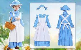 Photo 1 of Ficlwigkis Pioneer Girl Dress Colonial Prairie Costume Kids Floral Colonial Village Girl Costumes with Hat for 3-11Years MEDIUM
